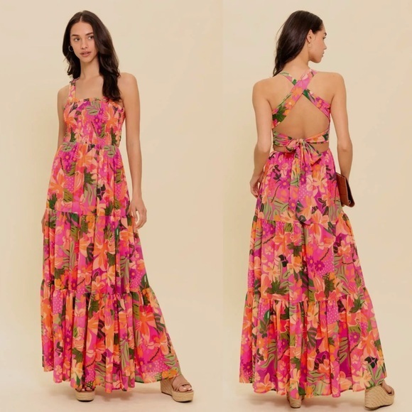 Dresses & Skirts - Floral Maxi Dress in Pink and Orange